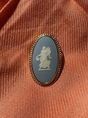 Vintage Wedgwood Blue Jasperware Cameo Brooch Winged Fairy Muse England Goldtone
